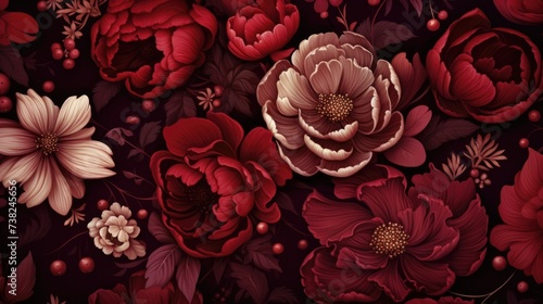 Background with different flowers in Garnet color.