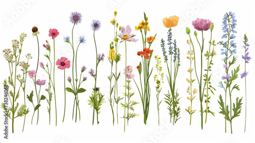 Diverse and variety of Field wild natural flowers isolated and separated on white background. Full plants with flower, leaves and stem. 