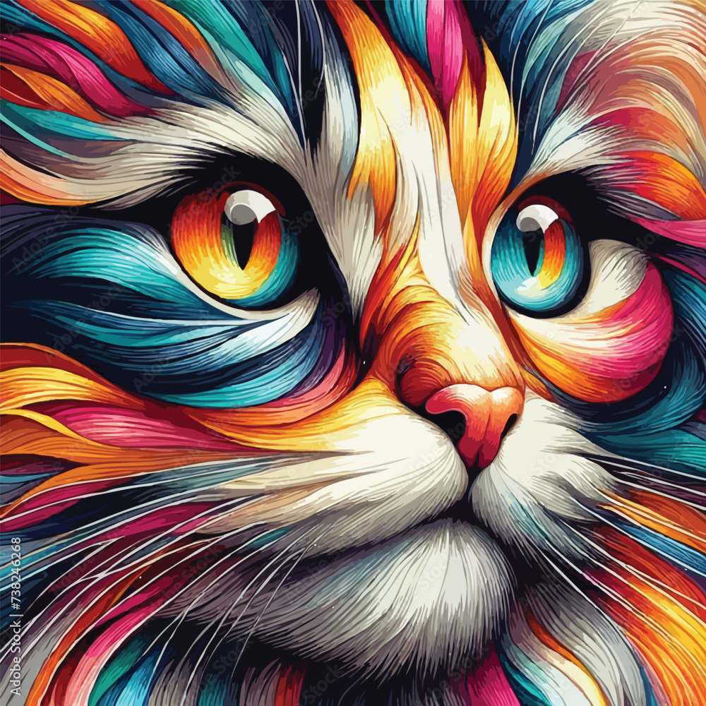 Cute cat watercolor splash paint vibrant colors face closeup eps vector illustration on isolated background, Abstract art for logo, t-shirt design, posters, banners, greetings, sticker print design