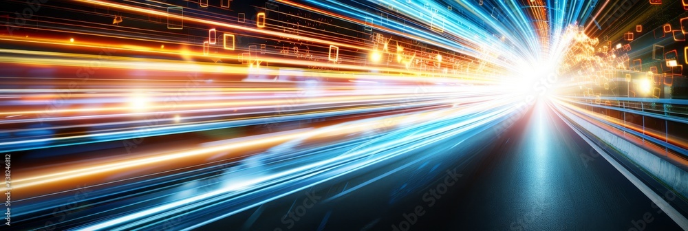 Obraz premium Futuristic abstract blue light ray motion background with speed stripes for wallpaper or banner.