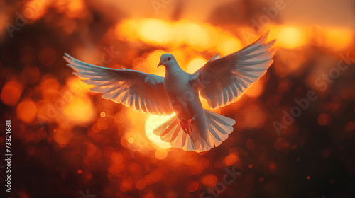 Dove flying in front of the cross at sunset Christian concept Holy Spirit