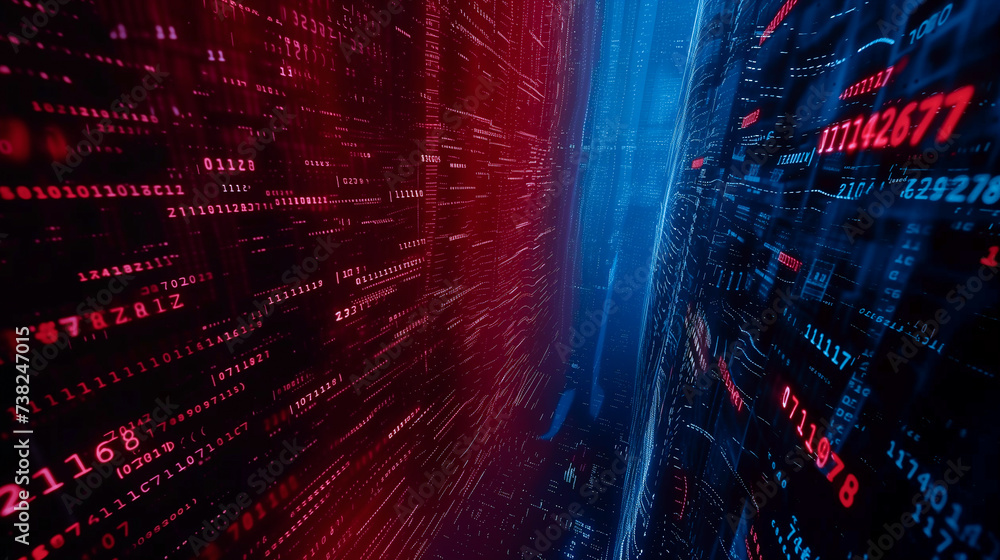 matrix code symbols on the background, dark blue colors and dark red ...