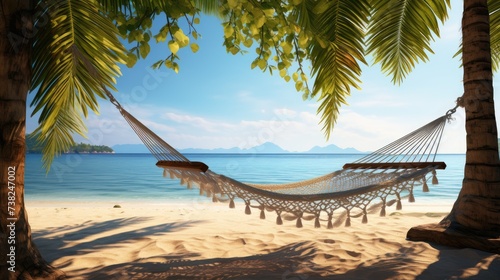 Romantic Cozy Hammock in the Shade of a Coconut Tree on a Tropical Paradise Ocean Beach, Basking in the Bright Sunshine of a Summer Day © pvl0707