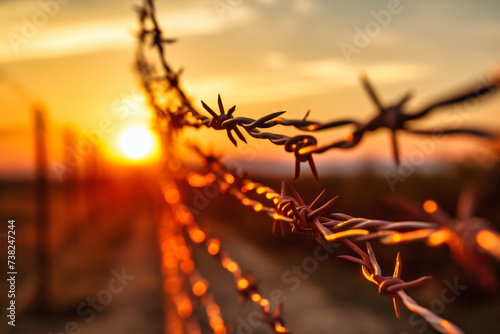 Sunset Through Barbed Wire Fence, Concept of Restriction, Freedom, and Security, Dramatic Sky and Silhouette of Barriers