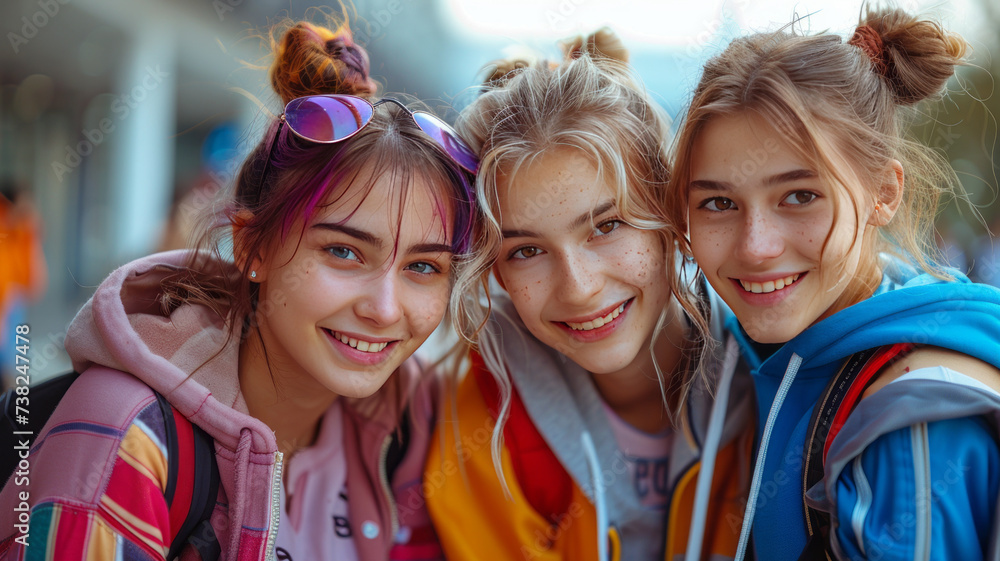 multiracial group of three teenage girls with unretouched skin chatting happily sitting on a bench outside the university campus.generative ai multiracial group of three teenage girls with unretouched skin chatting happily sitting on a bench outside the university campus.generative ai