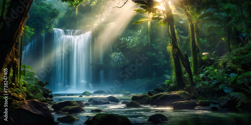 Tropical Waterfall in Lush Jungle, Concept of Natures Beauty, Serenity, and Adventure, Scenic Landscape of Flowing Water and Greenery © Rabbi