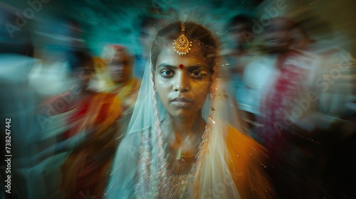 Bound by Tradition: Blurred individuals surround a solemn girl, symbolizing the societal expectations of early marriage.