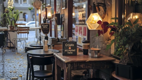 Coffee shop displays  Crypto accepted here  sign