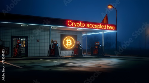 Gas station displays "Crypto accepted here" sign