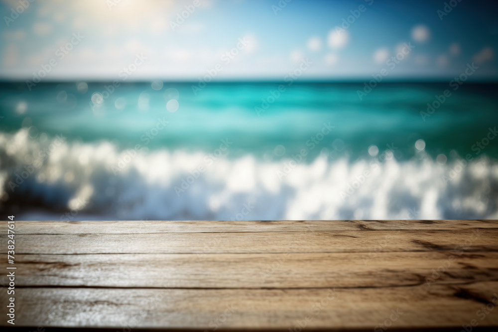 Table top view with blurred seascape summer beach background. Flawless generative ai