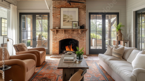 Curl up by the fireplace in the living room where the mantel is a statement piece made from reclaimed bricks salvaged from a nearby factory. photo