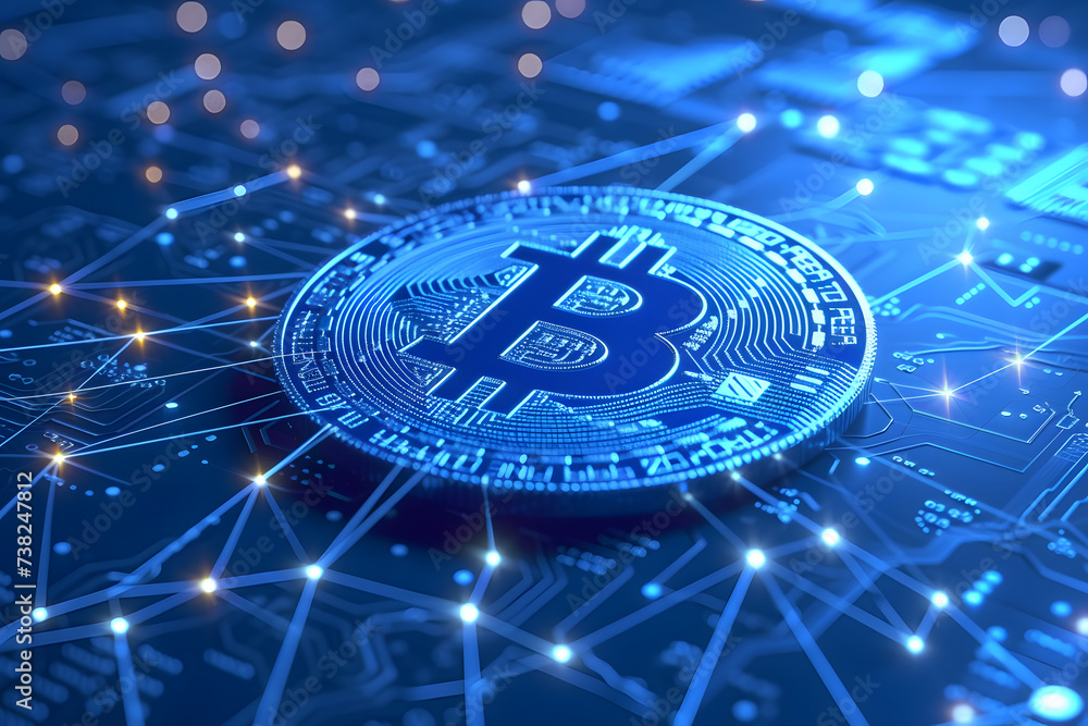 Naklejka premium Blue Bitcoin sits on an electronic circuit board. Illustration by artificial intelligence