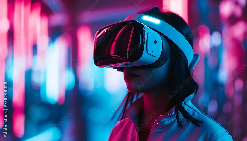 Young woman using glasses of virtual reality on colorful background. control using with VR headset, virtual reality, future technology concept. Young woman using glasses of virtual reality on colorful background. control using with VR headset, virtual reality, future technology concept.