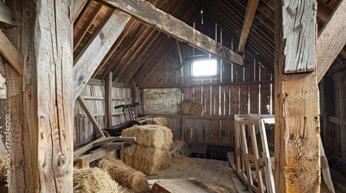 A view of a rustic barn loft with old hay bales and farming equipment stored inside. Cracks in the wooden beams reveal the ping of time.