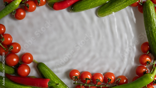 Frame of vegetables with wavy water in the center. View from above.