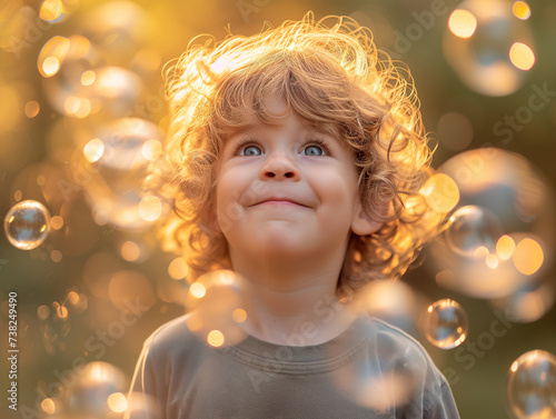 A blond child is delighted with bubbles