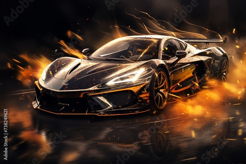 a black sports car with flames coming out of it