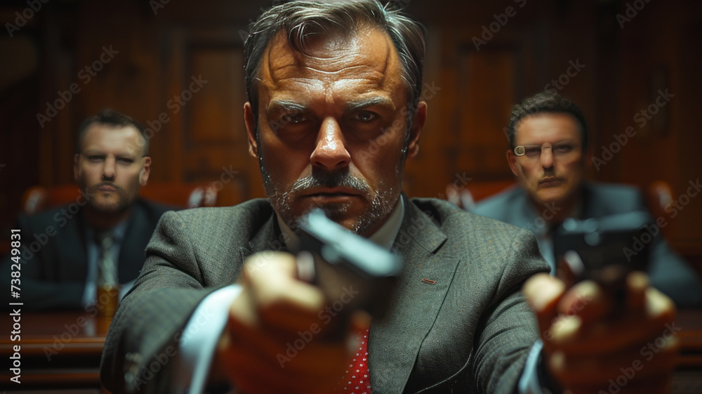 Businessman with gun in conference room,generative ai