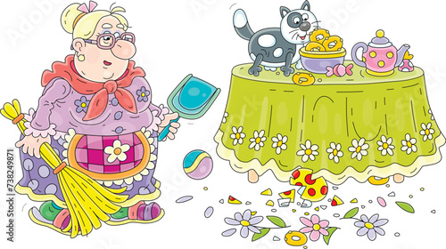 Funny granny with a broom and dustpan going to clean up fragments of a broken beautiful vase with flowers after a mischief of a sly cat in her kitchen, vector cartoon illustration on white