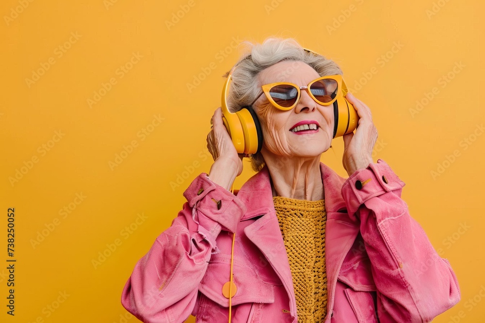 Eccentric senior woman Enjoying music with headphones Vibrant background of pink and yellow Showcasing the joy and individuality of aging with flair