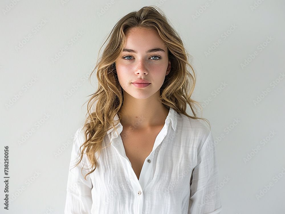 bellissima ragazza sui 20 anni con camicia bianca su sfondo bianco, sguardo dolce e penetrante, capelli biondi leggermente mossi e spettinati, viso struccato, la bellezza naturale di chi è giovane bellissima ragazza sui 20 anni con camicia bianca su sfondo bianco, sguardo dolce e penetrante, capelli biondi leggermente mossi e spettinati, viso struccato, la bellezza naturale di chi è giovane