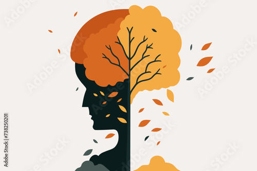 Dementia or Alzheimer's disease concept, head silhouette and autumn tree as senior brain, mental illness symbol. Falling old leaves as memory loss, thinking problem, cognitive impairment sign.