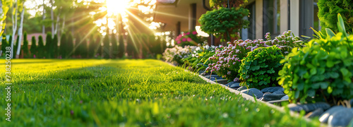 Perfect manicured lawn and flowerbed with shrubs in sunshine, on a backdrop of residential house backyard photo