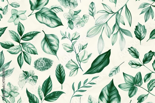Green foliage pattern featuring a variety of leaves and botanical elements Delicately drawn by hand in pencil Offering a fresh Natural aesthetic