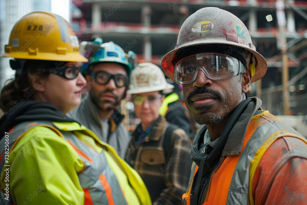 Inclusive teamwork Diverse group of professionals in safety gear Working together on a construction site Emphasizing collaboration and diversity in the workplace Inclusive teamwork Diverse group of professionals in safety gear Working together on a construction site Emphasizing collaboration and diversity in the workplace