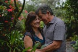 Mature couple of latin heritage sharing a tender moment in a picturesque garden Embodying the joy of lifelong companionship and the beauty of aging gracefully together