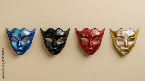 Colorful venetian masks lined up on a neutral background. carnival, costume, mystery concept. elegant decorative masks. AI