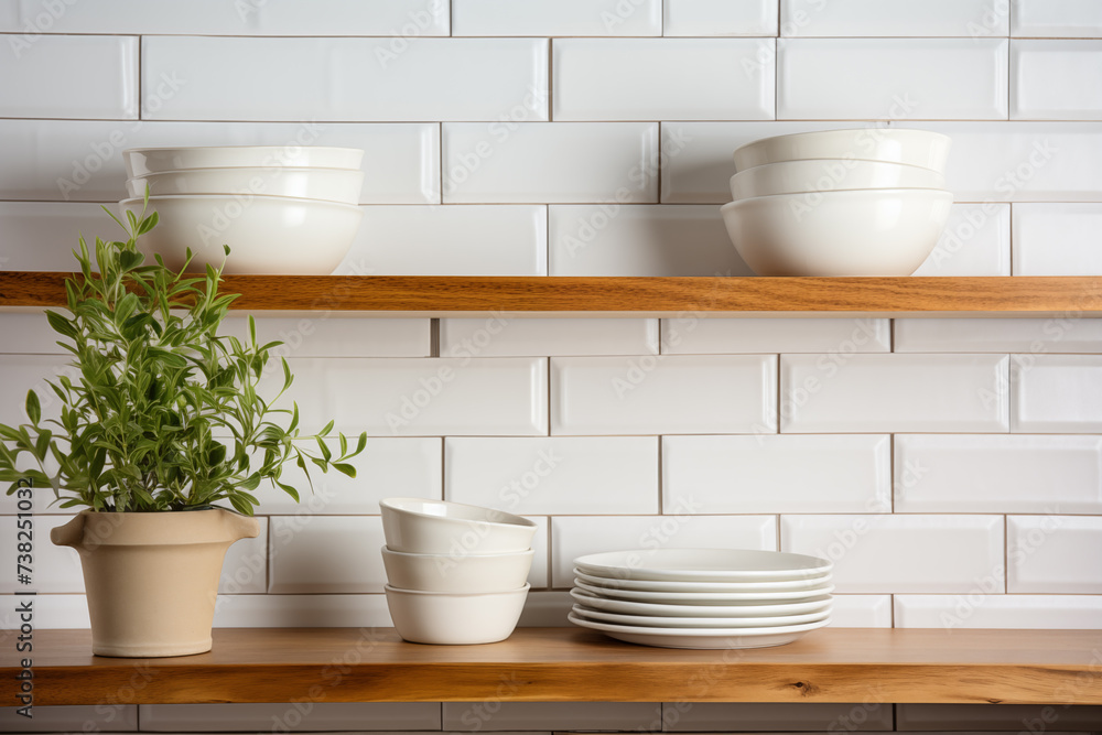 Tiled background and shelves with dishes. Different tableware backdrop. Dishes in cupboard in kitchen. Kitchenware. Kitchen interior . Tiled background and shelves with dishes. Different tableware backdrop. Dishes in cupboard in kitchen. Kitchenware. Kitchen interior .