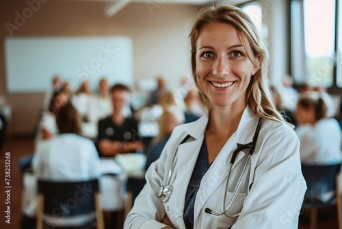 Portrait of a confident female doctor or nurse Smiling warmly Standing in front of a medical seminar or training class Representing professionalism and care