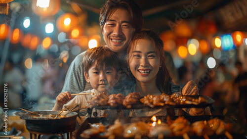 Asian family enjoy eating food on street food restaurant with crowd of people at Yaowarat road  Bangkok generative ai