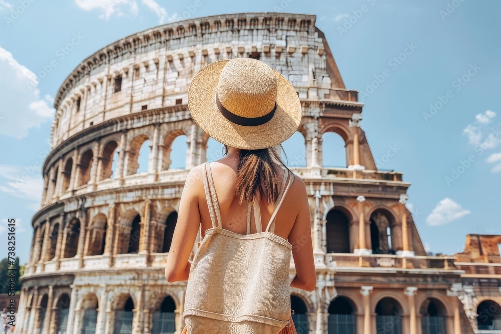 Solo traveler exploring european landmarks Dressed in casual summer attire Embodying freedom and adventure Capturing iconic architecture and cultural heritage