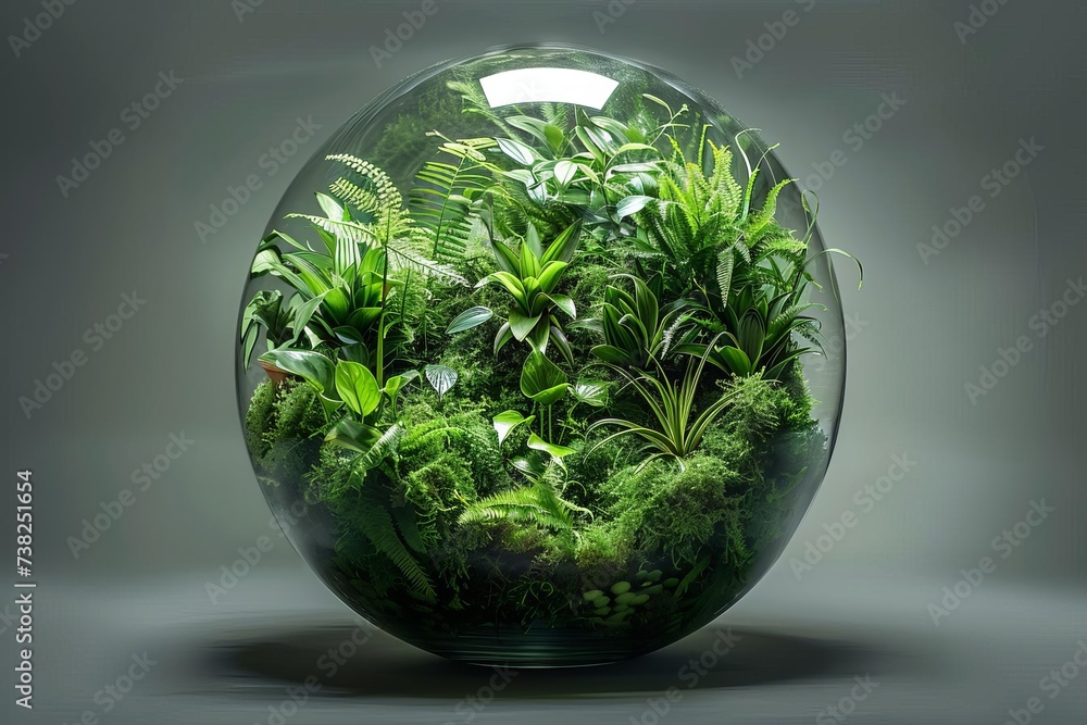 Spherical glass terrarium with lush greenery Symbolizing eco-conscious living and sustainable design Spherical glass terrarium with lush greenery Symbolizing eco-conscious living and sustainable design
