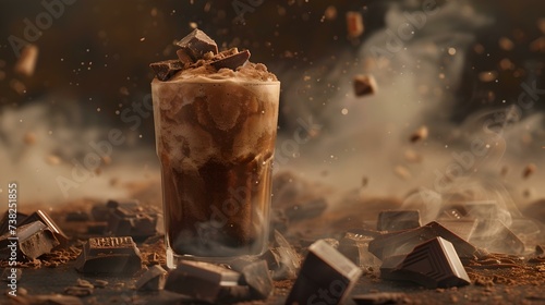Explosive chocolate milkshake indulgence, frosty beverage meets sweet temptation, perfect for dessert ads. AI photo