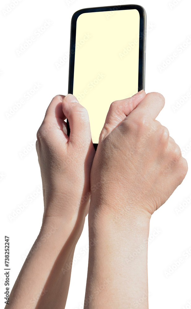 Mockup image of a woman holding black mobile phone with blank screen . Woman hands using smartphone. on transparent, png Mockup image of a woman holding black mobile phone with blank screen . Woman hands using smartphone. on transparent, png