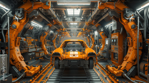 Vehicle being assembled in factory using robots for efficient mass production
