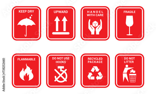 Set of fragile care sign for packing icon. delivery shipping labels flat style. handle with care, Keep away from water, fragile box, Handling, packing, step on, side up simple black symbol