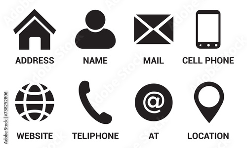 Business contact us icon set in line style. Contact information, Home, Phone, Location, Address, Website, mail, fax, user simple black style symbol sign for apps and website,