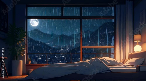 Tranquil Lofi bedroom with Rain Ambience for lofi Rain music video animation