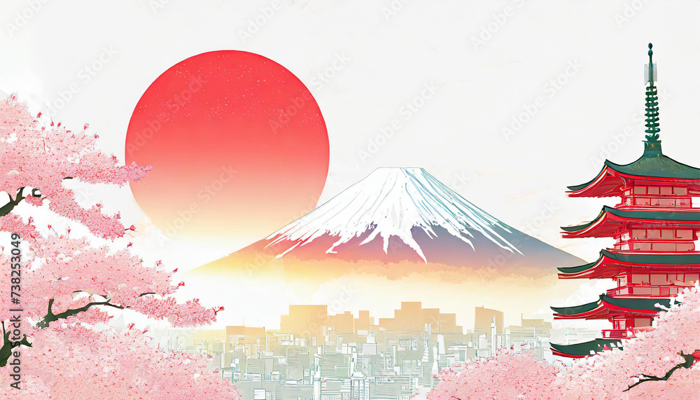 Fototapeta premium illustration of japanese travel attractions. Rising sun as red circle depicting flag. Mount Fuji background and Japan art style. minimalist wallpaper texture in layered paper style for travel, holiday