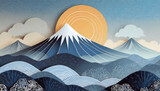 Winter Solstice holiday background with papercraft style illustration of Mount Fuji (fujisan) in Japan, land of the rising sun. In cool cold tones and japanese patterns and textures. rolling hills