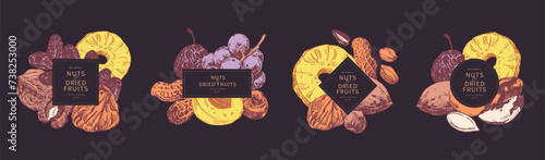 Assorted nuts and dried fruits arranged in groups. Hand drawn illustrations, frame  templates
