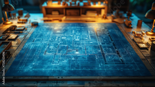 Blueprint details in sharp focus, deep indigo tone, on a modern architect's desk, exuding a focused and detailed atmosphere with high-definition clarity.generative ai © LomaPari2021