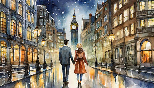 A romantic couple on holiday walk away while holding hands centrally in a popular tourist city at night with bright lights, vibrant colours, stars and destinations in background. Leading lines. London