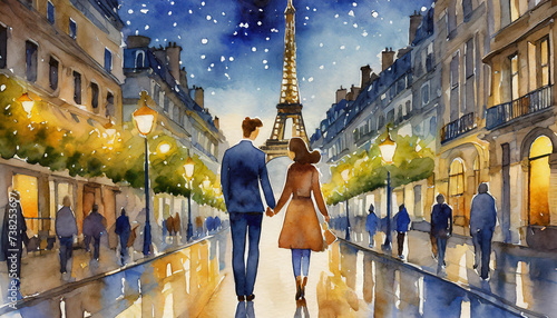 A romantic couple on holiday walk away while holding hands centrally in a popular tourist city at night with bright lights, vibrant colours, stars and destinations in background. Leading lines Paris