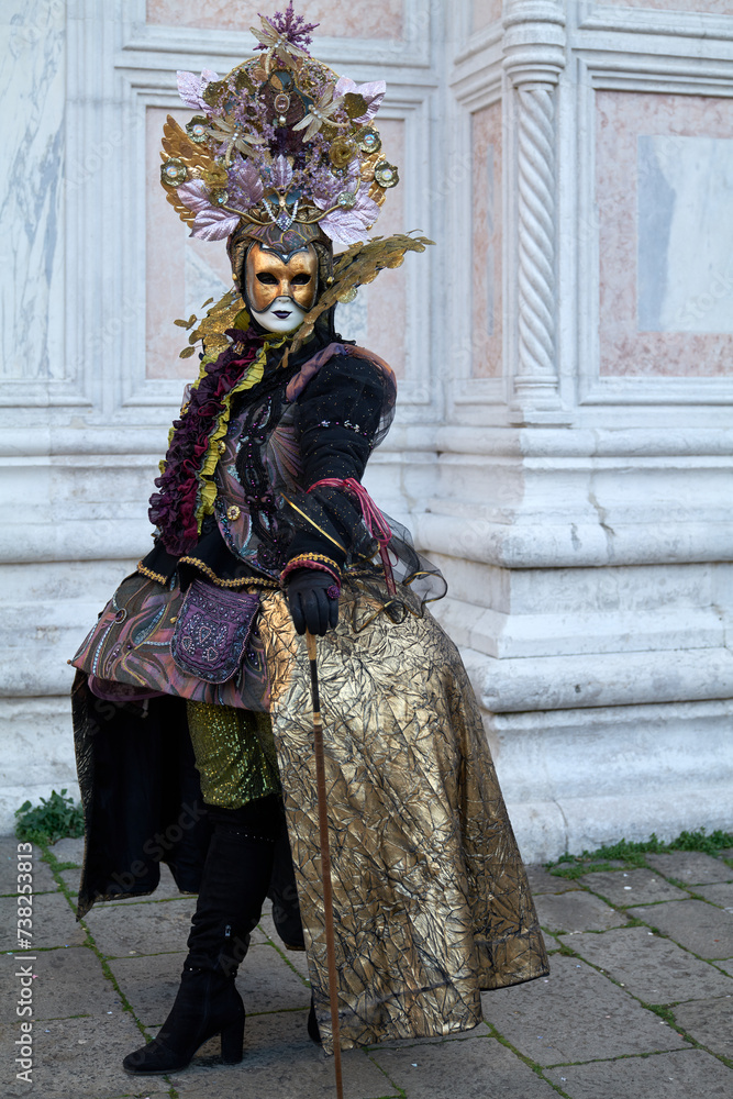 Venice, Italy - February 2024 - carnival masks are photographed with tourists in San Marco square Venice, Italy - February 2024 - carnival masks are photographed with tourists in San Marco square