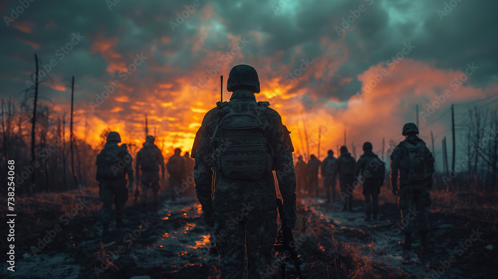 Escena de guerra, soldados andando por el campo de batalla al atardecer, con el sol de frente  - obrazy, fototapety, plakaty 